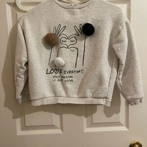 Zara Kids Gray Sweatshirt with Graphic and Pom Poms